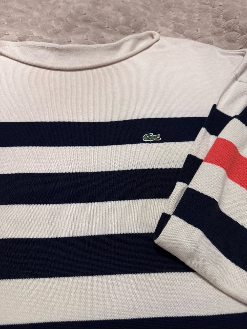 Lacoste Navy, White & Red/orange Striped Boatneck Sweater sz lg/xl